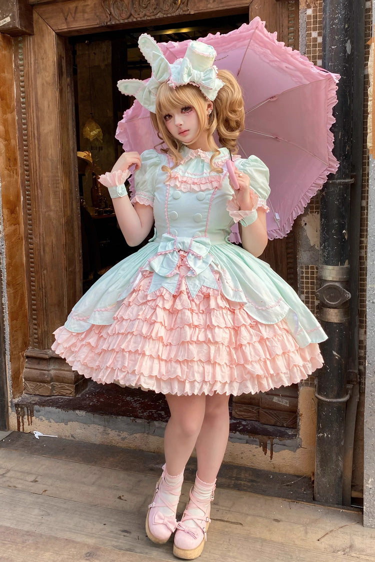 Pink/Green [Honeydew Melon Parfait] Short Sleeves Multi-Layered Ruffle Bowknot Sweet Lolita Dress - Product - 3