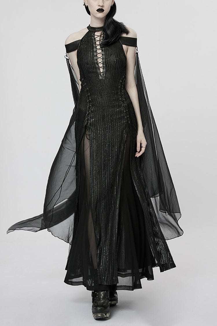 Black Side Slit Hollow Lace-Up Slim Mesh Women's Gothic Dress with Detachable Cape - Black - 1