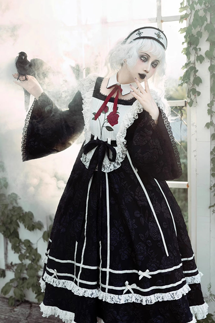 Black [Rose Choir] Double-Layered Ruffle Embroidery Bowknot Lace Gothic Elegant Nun Lolita Dress - Product - 11