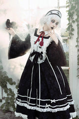 Black [Rose Choir] Double-Layered Ruffle Embroidery Bowknot Lace Gothic Elegant Nun Lolita Dress - Product - 11