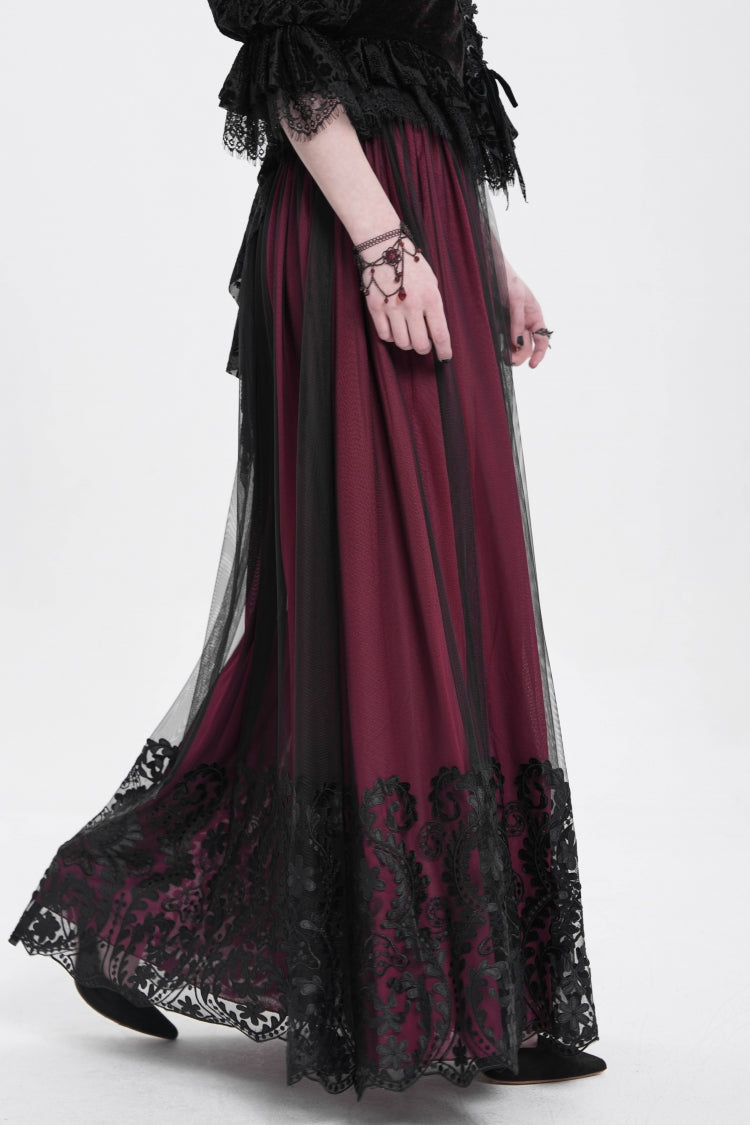 Red Stitching Floral Mesh Women's Gothic Skirt - Product - 3