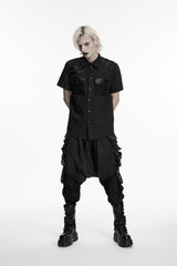 Black Lapel Collar Short Sleeves Cut-Out Spliced Men's Punk Shirt - Product - 5