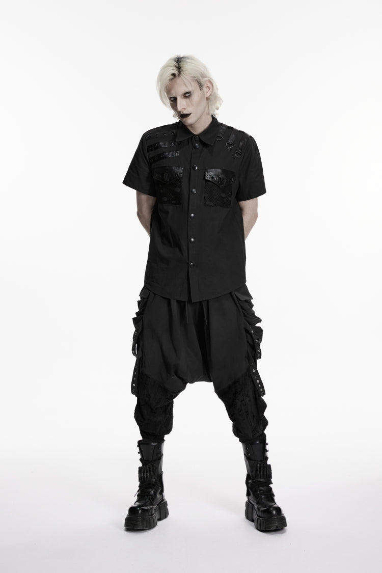 Black Lapel Collar Short Sleeves Cut-Out Spliced Men's Punk Shirt - Product - 5