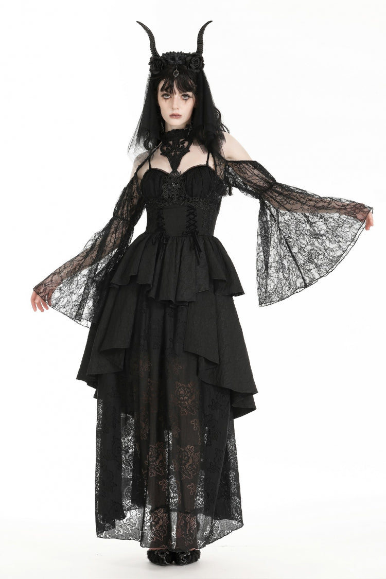 Black Off Shoulder Long Puff Sleeves Cut-Out Lace Women's Gothic Cape - Product - 7