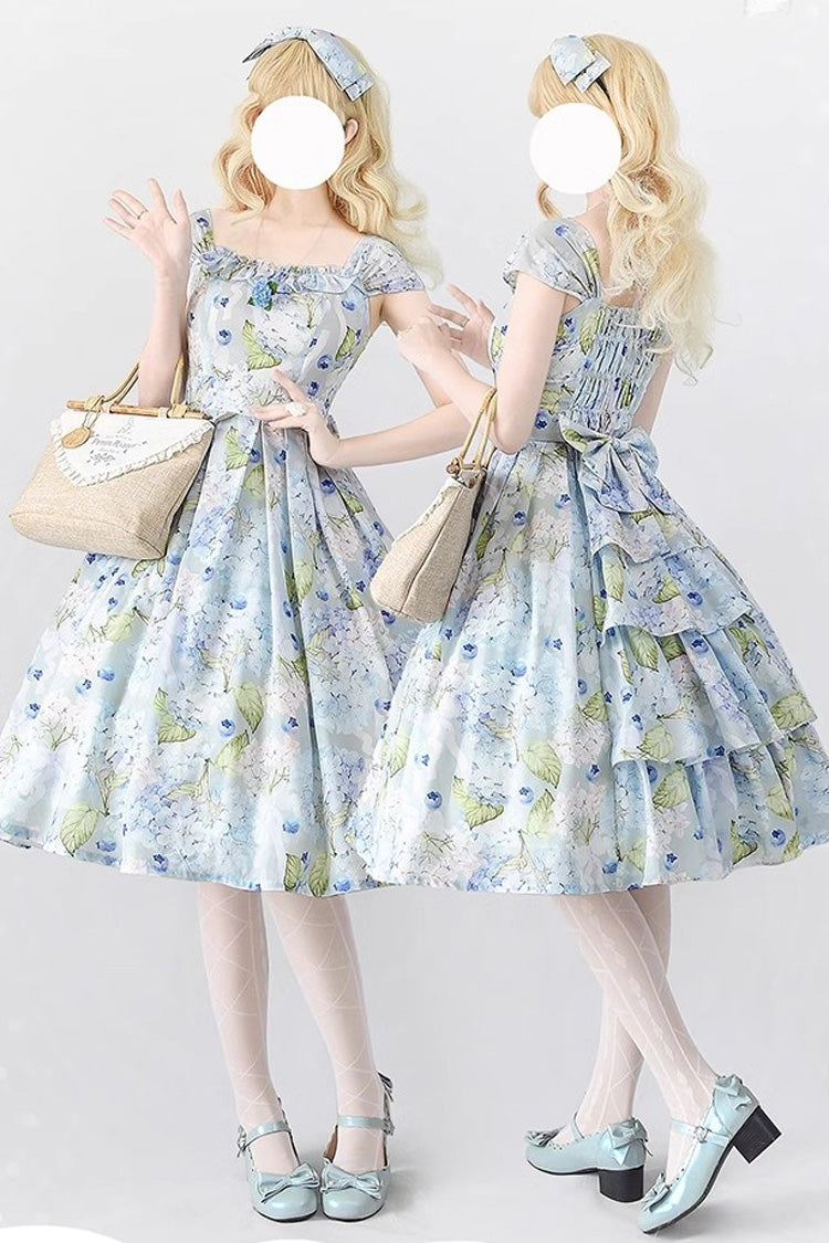 Blue [Forest Basket] Blueberry Hydrangea Print Bowknot Chiffon Sweet Elegant Lolita Jsk Dress - Blue - 1