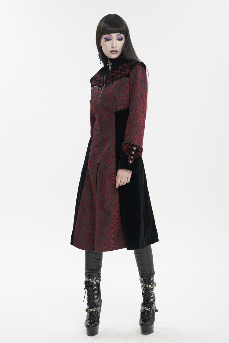 Red Jacquard Studded Mushroom Buckle Metal Cross Embroidered Women's Gothic Coat - Product - 5