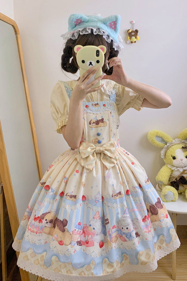 Cream Party Print Bowknot Stitching Lace Sweet Lolita Jsk Dress 3 Colors - Yellow - 3