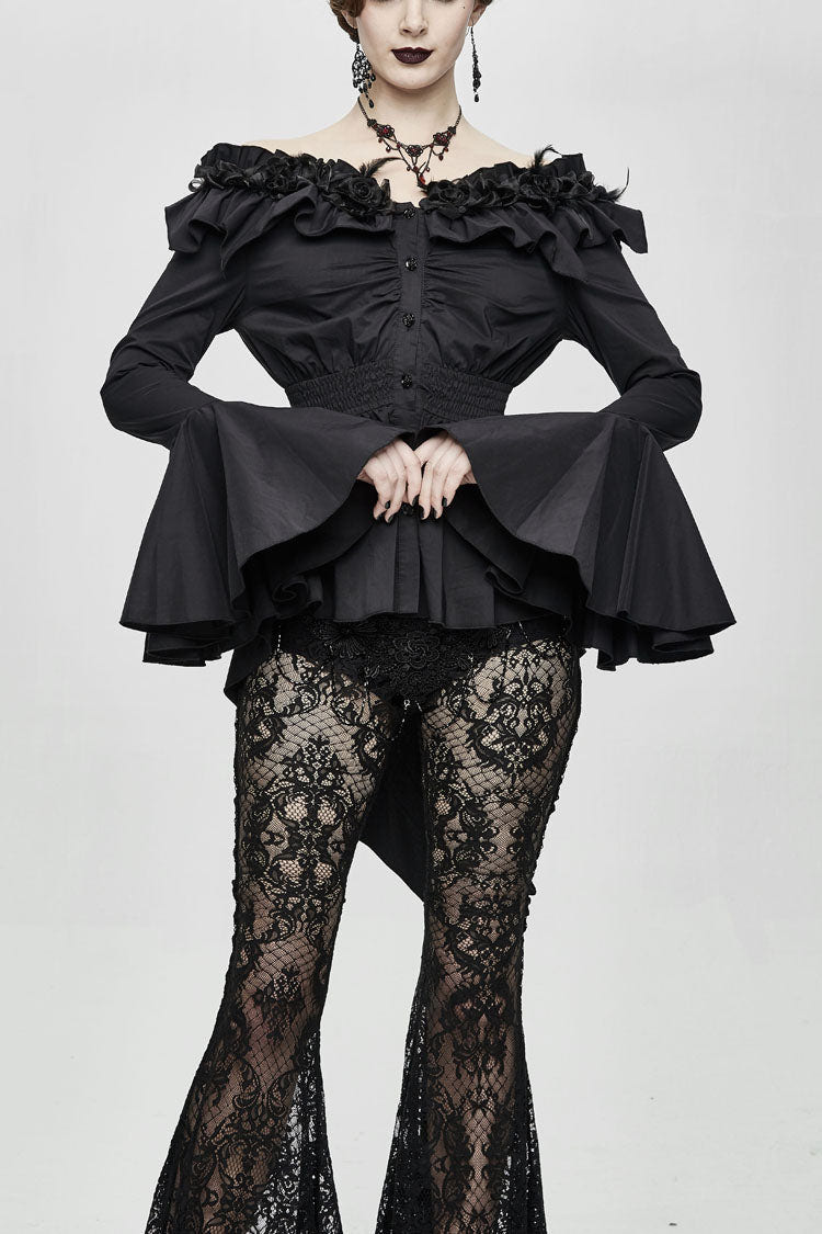 Black Rose Flowers Decoration One-Word Collar Long Sleeve Flare Cuff Women's Gothic Blouse - Black - 1