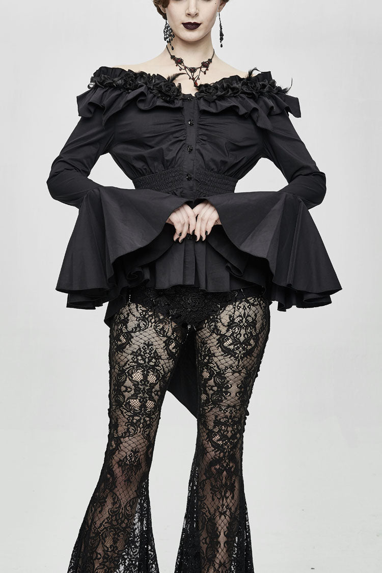 Black Rose Flowers Decoration One-Word Collar Long Sleeve Flare Cuff Women's Gothic Blouse - Black - 1