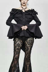 Black Rose Flowers Decoration One-Word Collar Long Sleeve Flare Cuff Women's Gothic Blouse - Black - 1
