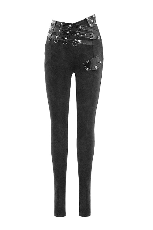 Black Punk Leather Loops Asymmetric Knitted Stretch Womens Pants - Product - 2