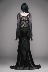 Black Lace Collar Big Flare Sleeve Rose Lace Mesh Women's Gothic T-Shirt - Product - 7