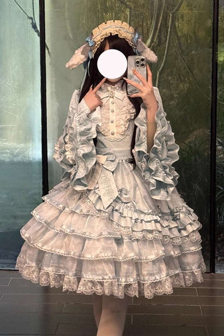 Blue [The Soloist Doll] Long Hime Sleeves Multi-Layered Print Ruffle Bowknot Asymmetric Sweet Lolita Dress - Blue - 1