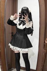 Black/White [Divine love] Long Sleeves Hollow Bowknot Lace Lace-Up Sweet Jirai Kei Dress Shorts Set - Product - 10
