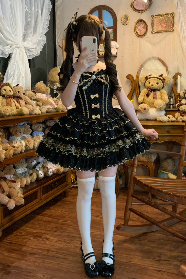 Black Sleeveless Multi-Layered Polka Dots Printed Ruffled Bow Sweet Princess Lolita Jsk Dress - Product - 2