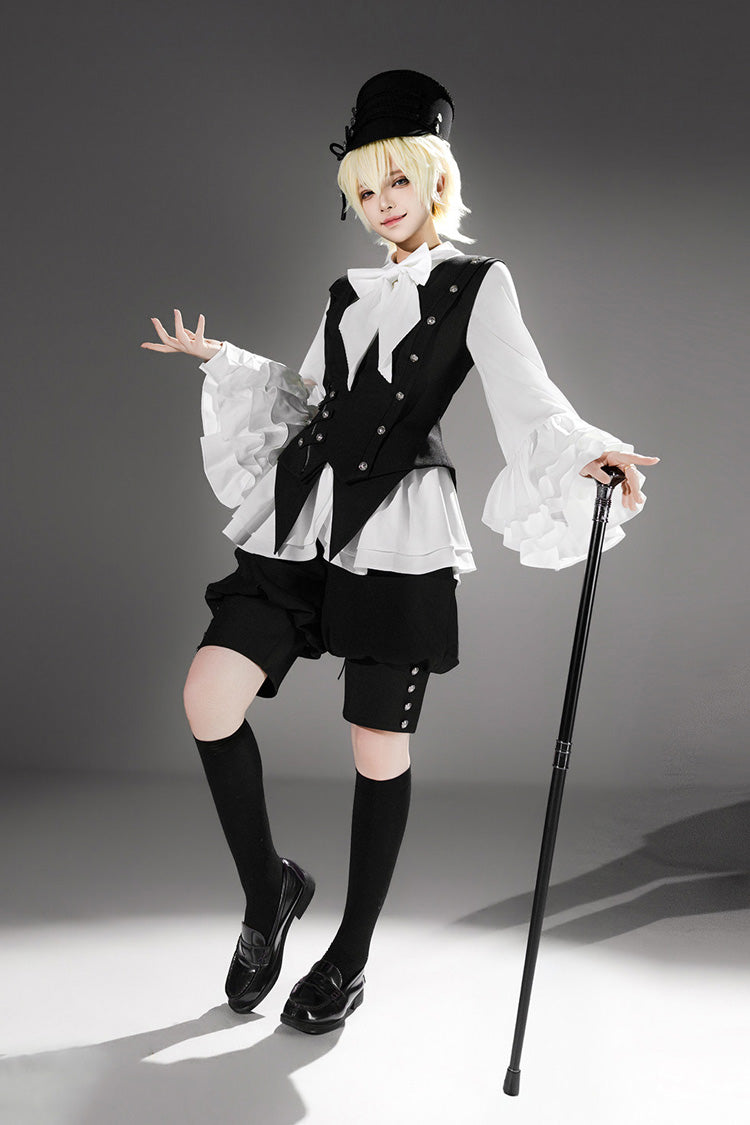 Black [Ash] Lapel Collar Long Sleeves Ruffled Bow Classic Vintage Elegant Prince Ouji Lolita Blouse Shorts Vest Set - Product - 5