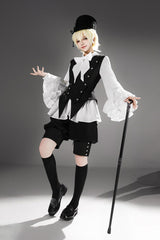 Black [Ash] Lapel Collar Long Sleeves Ruffled Bow Classic Vintage Elegant Prince Ouji Lolita Blouse Shorts Vest Set - Product - 5