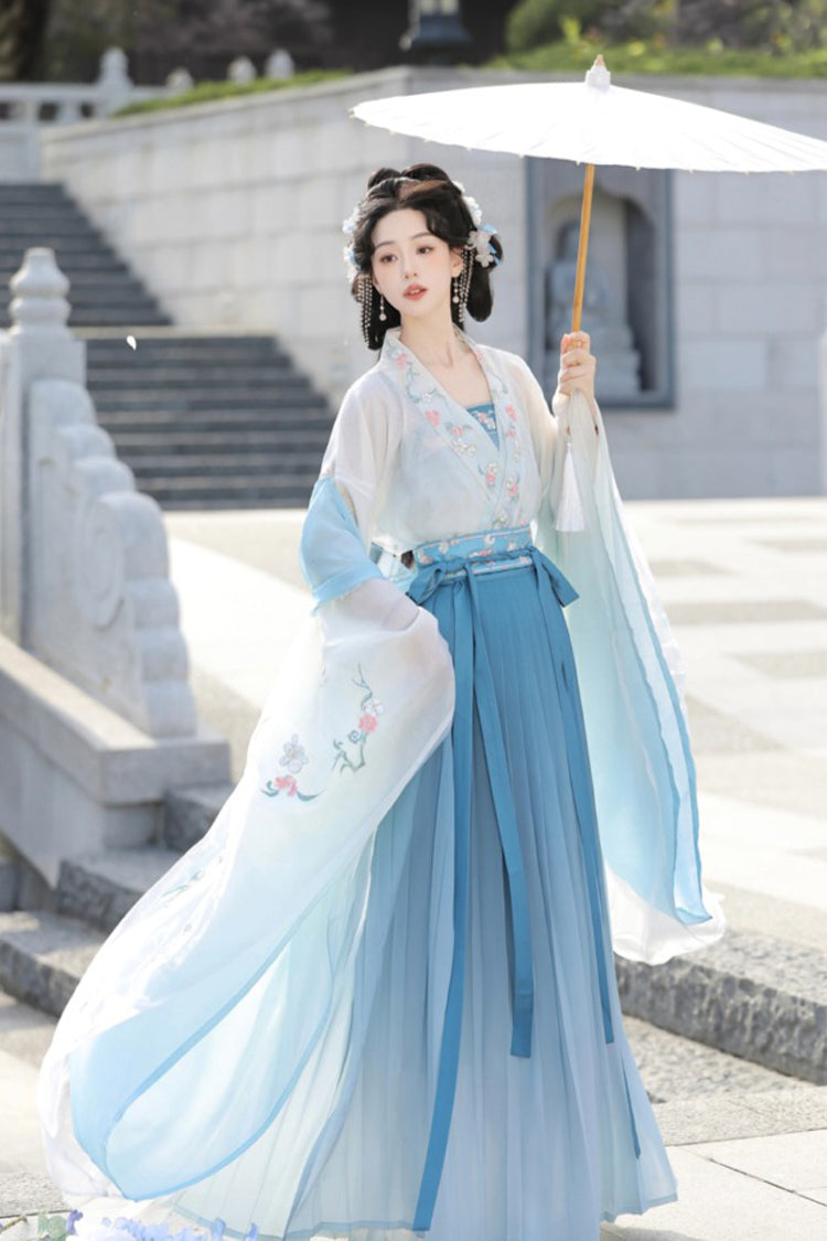 Blue [Spring Apricots] High Waisted Embroidered Women's Sweet Hanfu Dress Set - Blue - 1