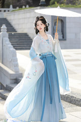 Blue [Spring Apricots] High Waisted Embroidered Women's Sweet Hanfu Dress Set - Blue - 1