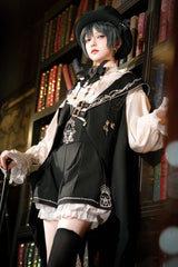Black [Bunny-Eared Meteorite] Long Sleeves Embroidered Gothic Prince Ouji Lolita Shorts Vest Set - Product - 7