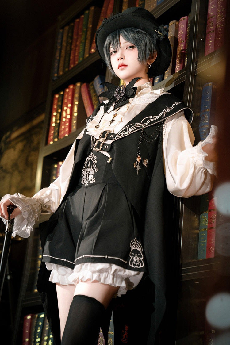 Black [Bunny-Eared Meteorite] Long Sleeves Embroidered Gothic Prince Ouji Lolita Shorts Vest Set - Product - 7