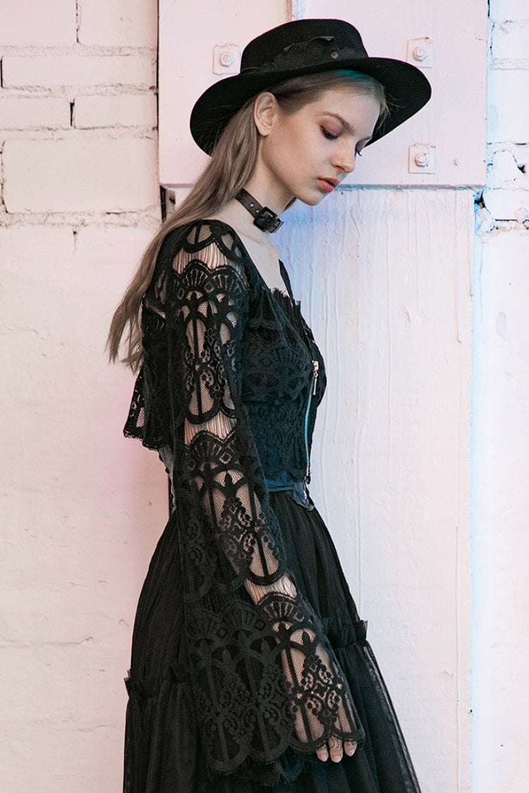 Black Metal Pendant Hollow Lace Lace-Up Women's Gothic Blouse - Product - 3