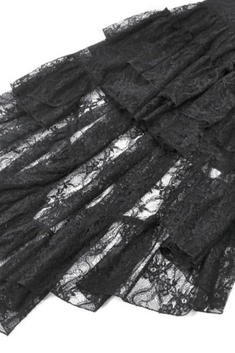 Black Women's Gothic Vintage Lace Multi-Layered Ruffled High-Low Slip Dress - Product - 13