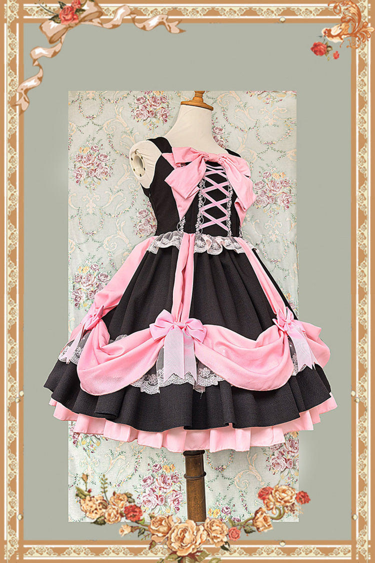 Black/Pink [Gift Box] Sleeveless Double-Layered Ruffled Bow Lace-Up Sweet Lolita Jsk Dress - Product - 2