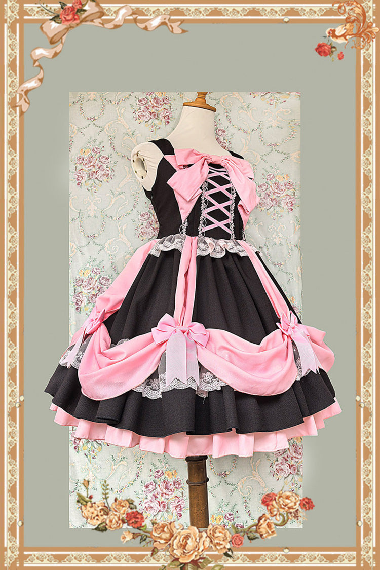 Black/Pink [Gift Box] Sleeveless Double-Layered Ruffled Bow Lace-Up Sweet Lolita Jsk Dress - Product - 2