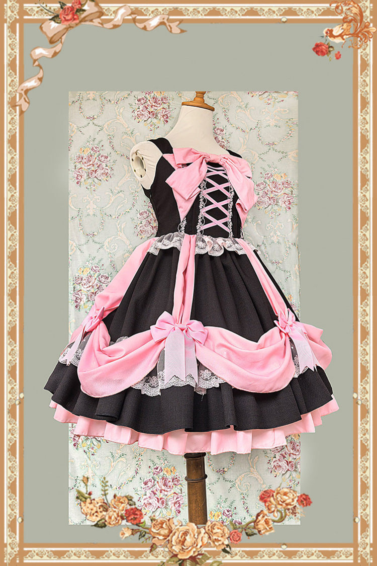 Black/Pink [Gift Box] Sleeveless Double-Layered Ruffled Bow Lace-Up Sweet Lolita Jsk Dress - Product - 2