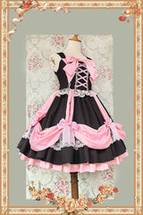 Black/Pink [Gift Box] Sleeveless Double-Layered Ruffled Bow Lace-Up Sweet Lolita Jsk Dress - Product - 2