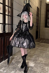 Black Eternal Night Print Ballet Lace-Up Gothic Punk Lolita Jsk Dress - Black - 1