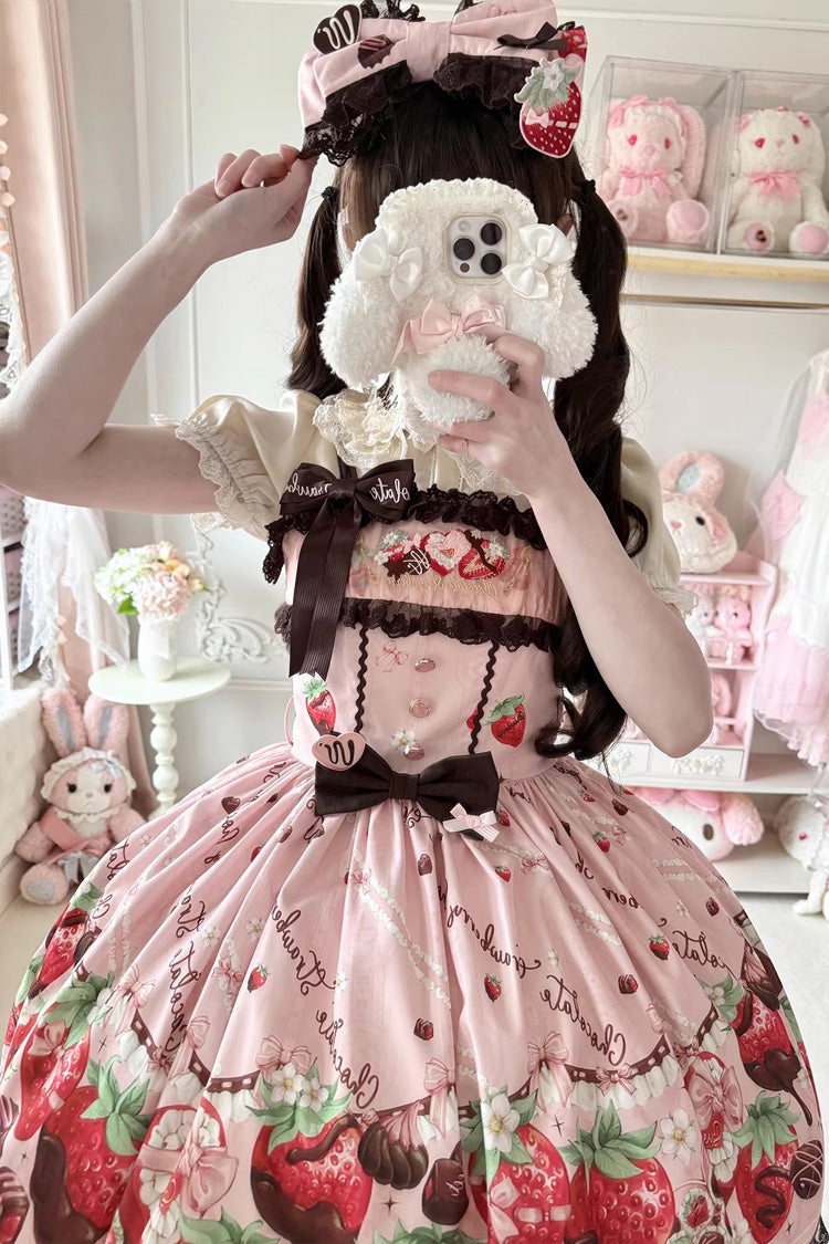 Pink [Strawberry Chocolate Lover] Sleeveless Printed Ruffled Embroidered Bow Lace Sweet Lolita Jsk Dress - Product - 9