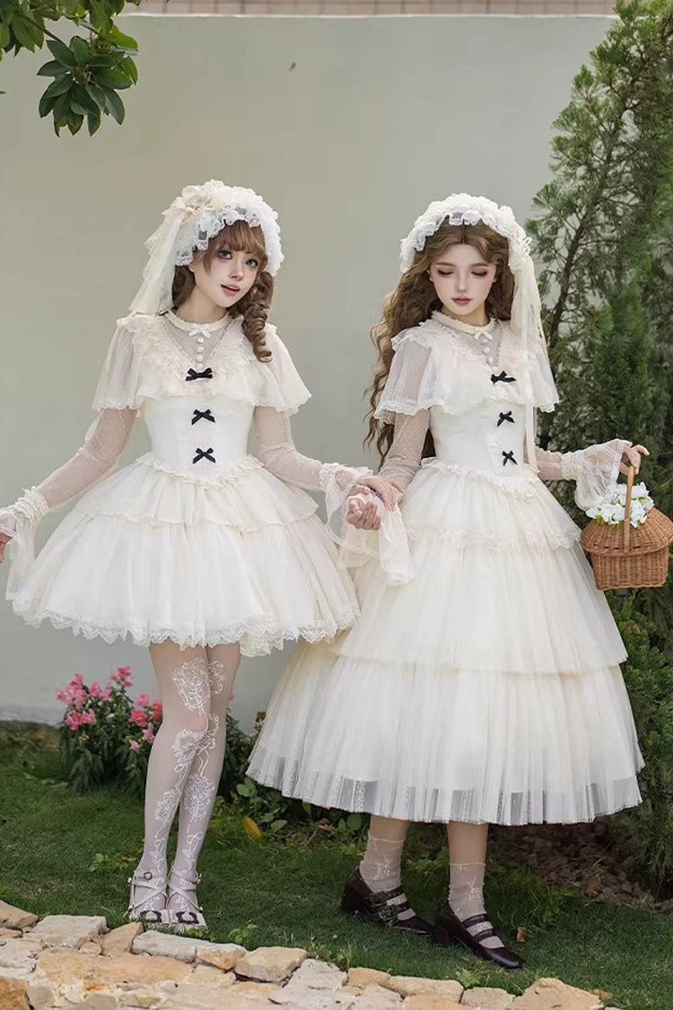 Ivory [The Oath of White Mist] Edwardian Collar Long Sleeves Multi-Layered Ruffled Bow Lace Fishbone Sweet Lolita Dress 2 Versions - Product - 4