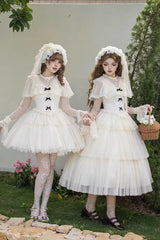 Ivory [The Oath of White Mist] Edwardian Collar Long Sleeves Multi-Layered Ruffled Bow Lace Fishbone Sweet Lolita Dress 2 Versions - Product - 4