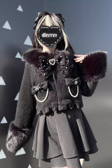 Black Long Sleeves Bow Sheep Wool Gothic Jirai Kei Japanese Short Coat - Black - 1