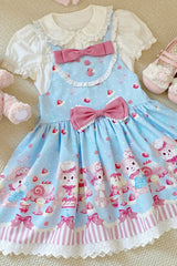 Blue/Pink [Cupid Bunny] Printed Sleeveless Bow Sweet Princess Lolita Strap Dress - Product - 3
