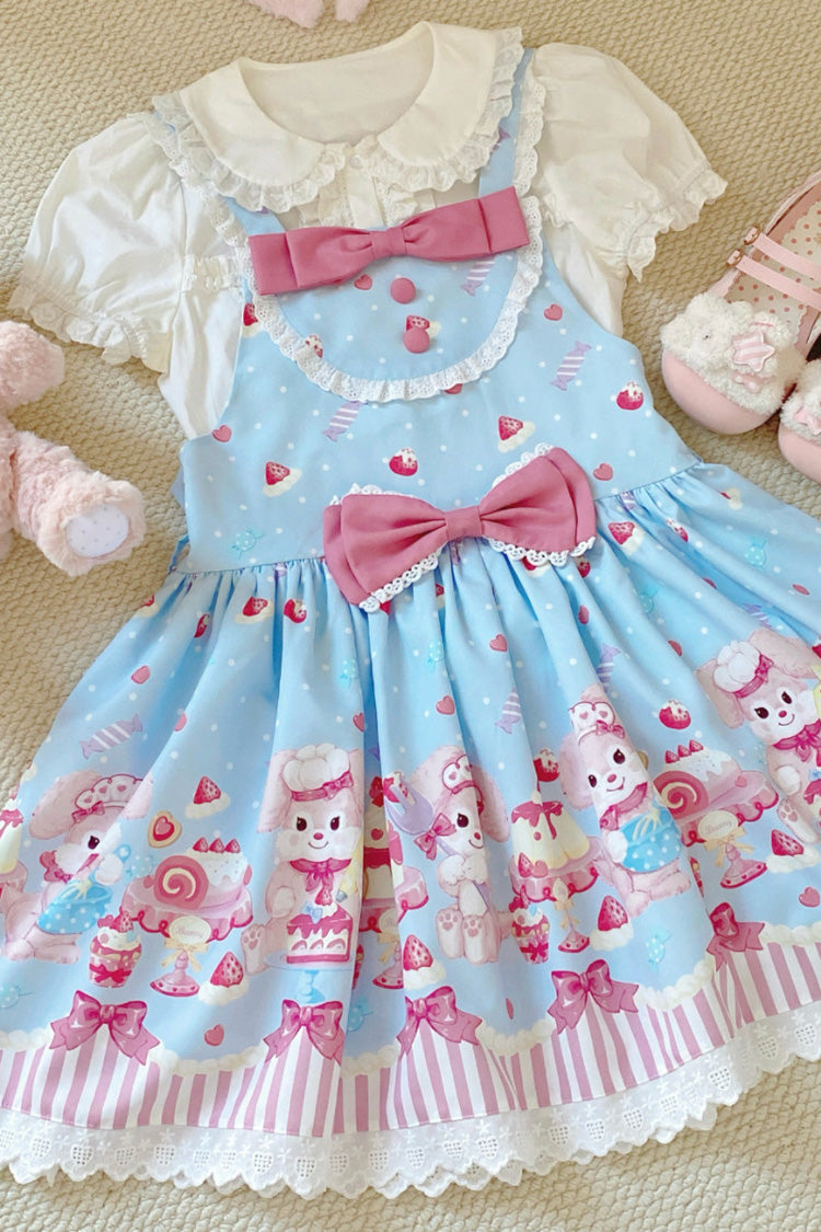 Blue/Pink [Cupid Bunny] Printed Sleeveless Bow Sweet Princess Lolita Strap Dress - Product - 3