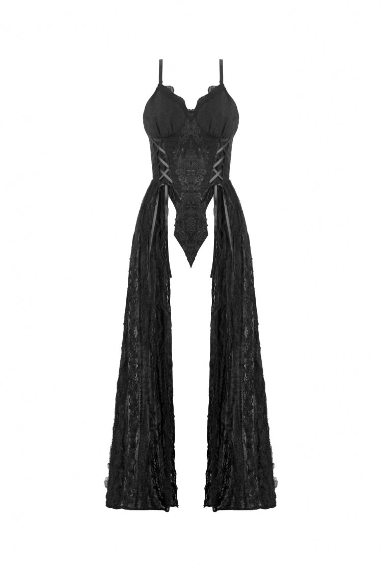 Black Sleeveless Floral Embroidered Lace Lace-Up Women's Gothic Slip Dress Wedding Dress - Product - 3