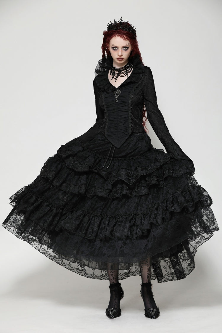 Black Lace Ruffled V Stand Collar Long Flared Sleeves Jacquard Women's Gothic Blouse - Product - 8