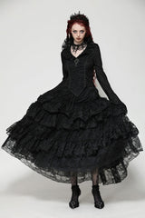 Black Lace Ruffled V Stand Collar Long Flared Sleeves Jacquard Women's Gothic Blouse - Product - 8