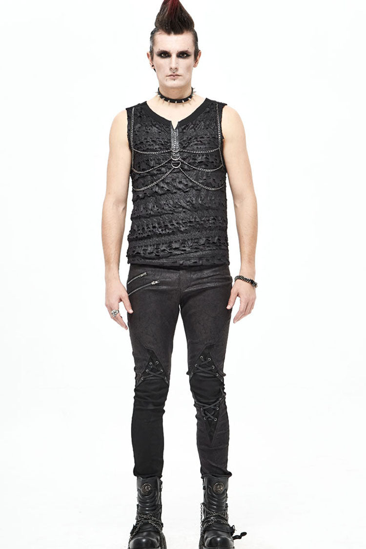 Black Broken Holes Thick Stripes Chest Chain Knit Men's Punk Vest - Black - 1
