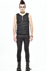 Black Broken Holes Thick Stripes Chest Chain Knit Men's Punk Vest - Black - 1