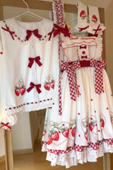 White Strawberry Print Ruffle Bowknot Sweet Lolita Dress Set - Product - 8