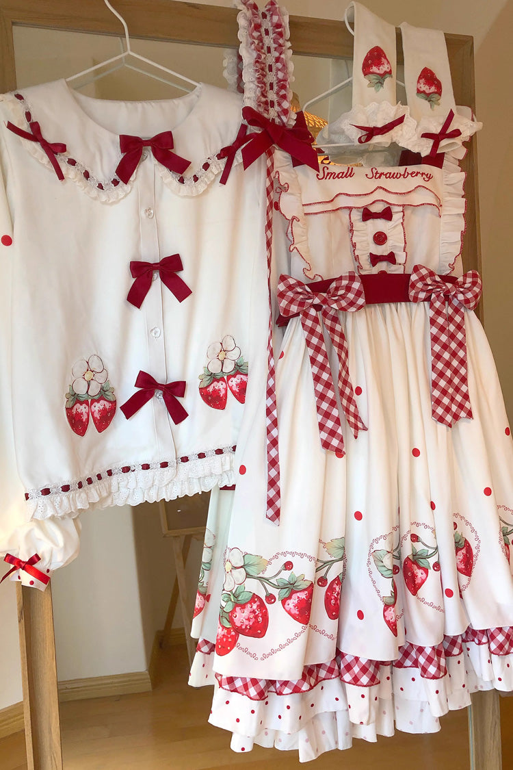 White Strawberry Print Ruffle Bowknot Sweet Lolita Dress Set - Product - 8