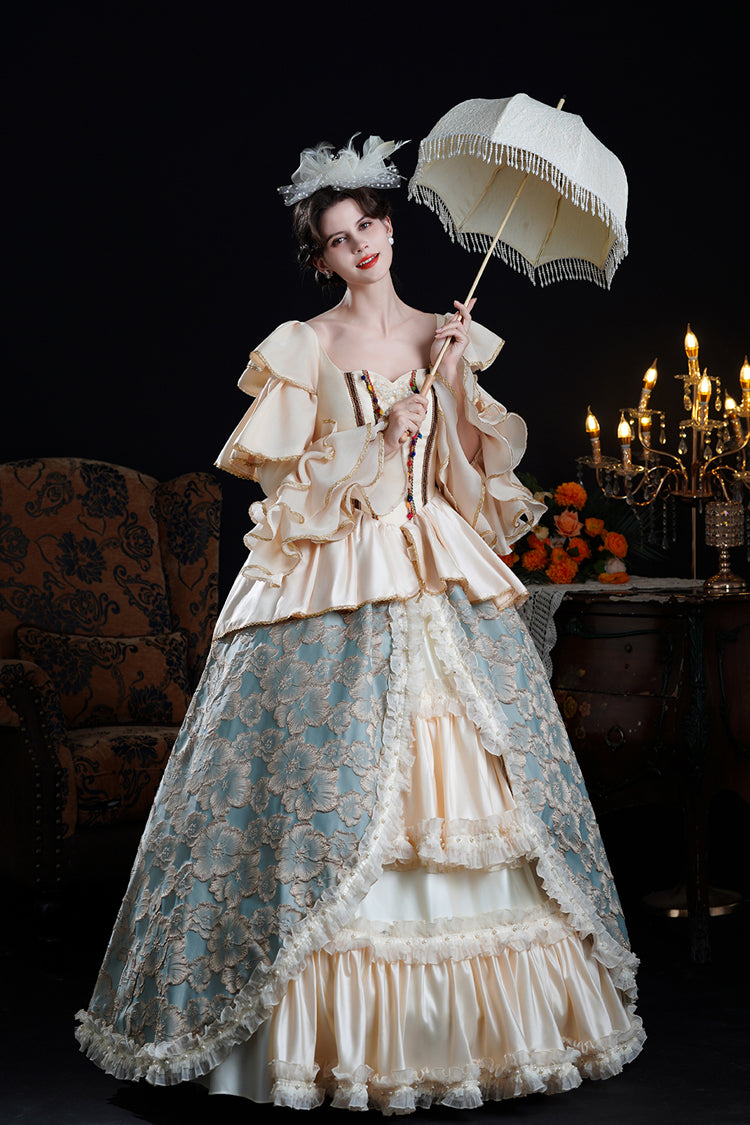 Blue/Champagne Half Trumpet Sleeves Ruffle Embroidery Cardigan Lace Classic Princess Palace Lolita Victorian Dress - Product - 6