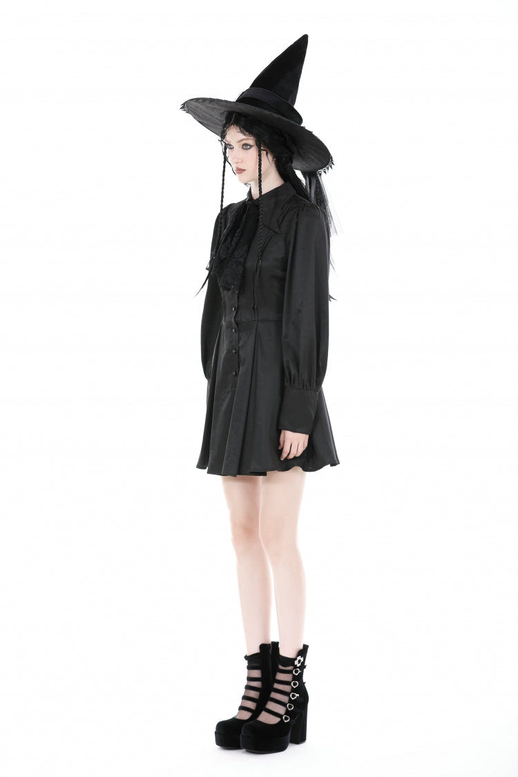 Black Turn-down Collar Long Lantern Sleeves Women's Gothic Dress with Necktie - Product - 7