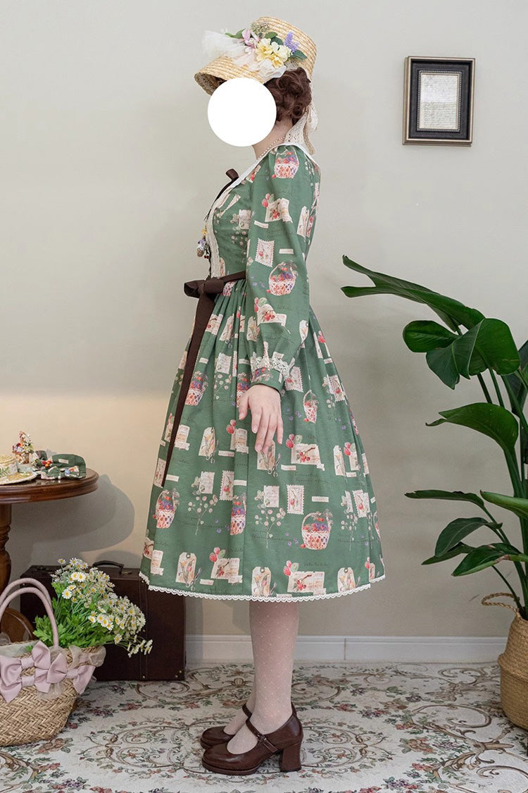 Forest Illustrated Book Long Lantern Sleeves Print Ruffle Sweet Lolita OP Dress 3 Colors - Product - 23