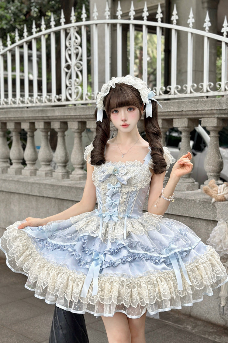 Blue [Dreaming Butterfly] Multi-Layered Jacquard Ruffle Bowknot Lace Sweet Princess Lolita Jsk Dress - Product - 2