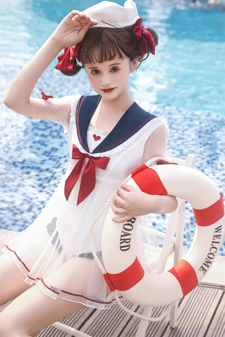 White/Blue/Red Bowknot Short Sleeves Navy Cute Sweet Lolita One Piece Swimsuit - Product - 7